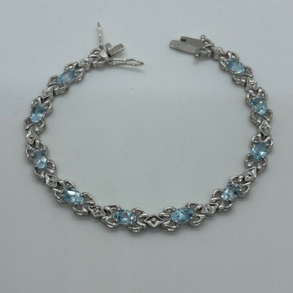 Estate Jewelry - Sterling Silver Tennis Bracelet Blue Gemstones 6.5 " Vintage 1980 11.11grams